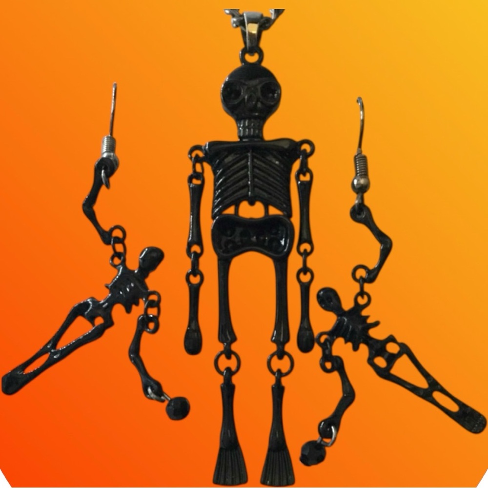 Black Skeleton Necklace and Earring Set gothic Halloween